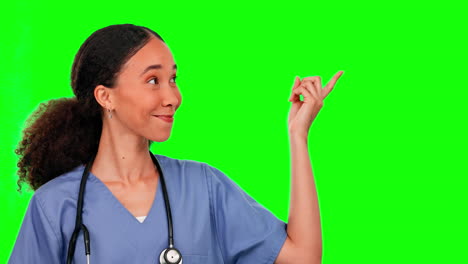 Green-screen,-nurse-and-woman-pointing-to-mockup