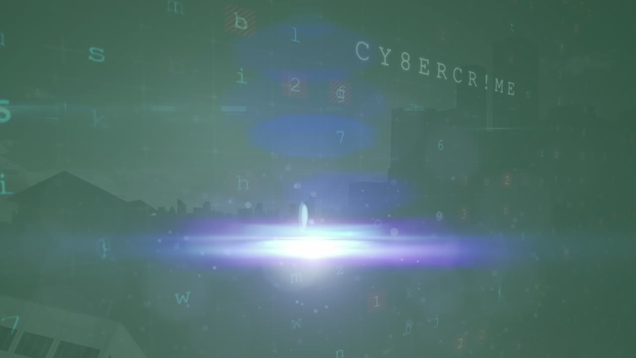 Animation of light trails and cyber attack warning over cityscape