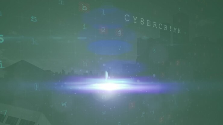 Animation of light trails and cyber attack warning over cityscape