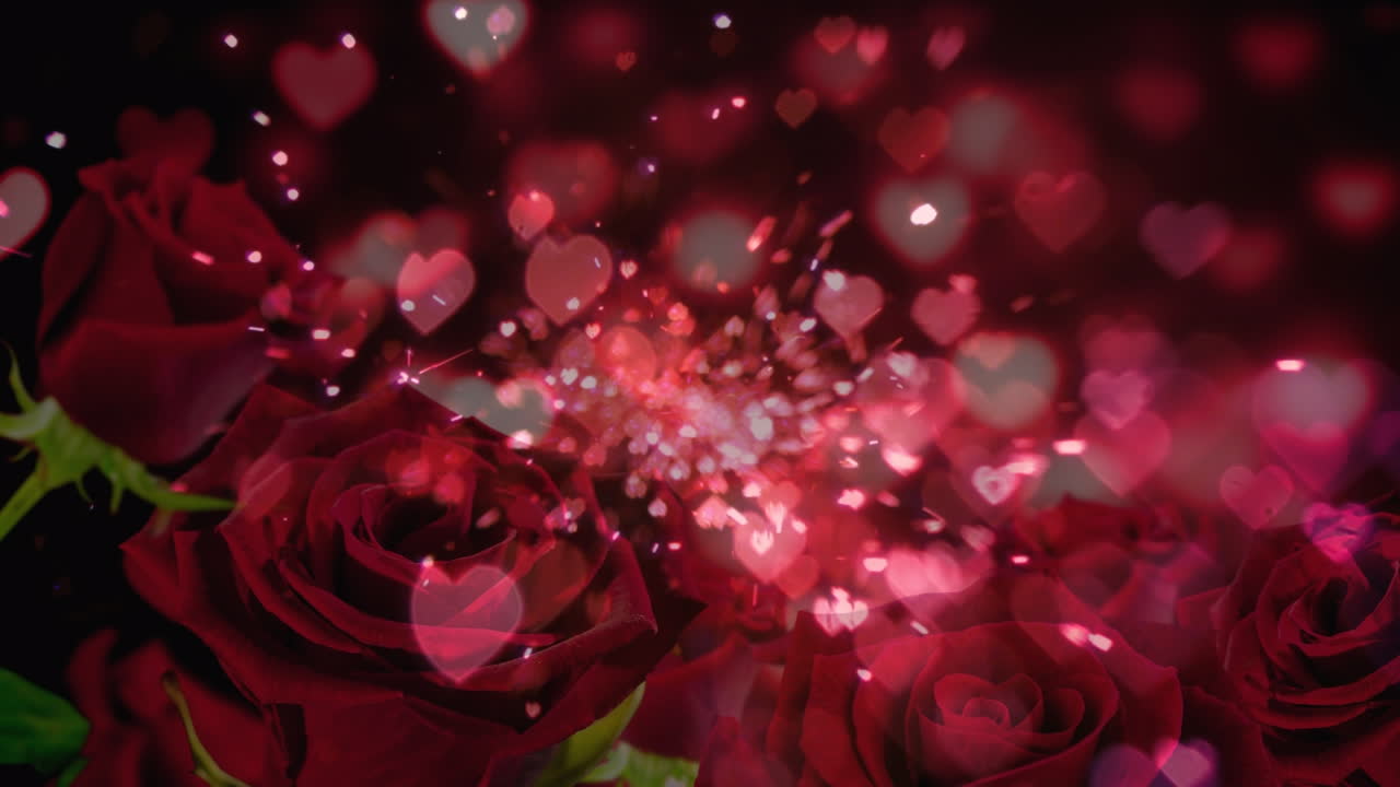 animación de los iconos del corazón cayendo sobre las rosas