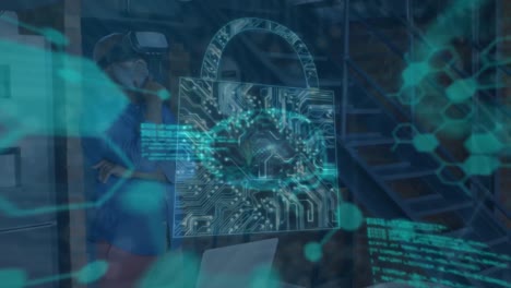 animation of data processing over online security padlock and man wearing vr headset