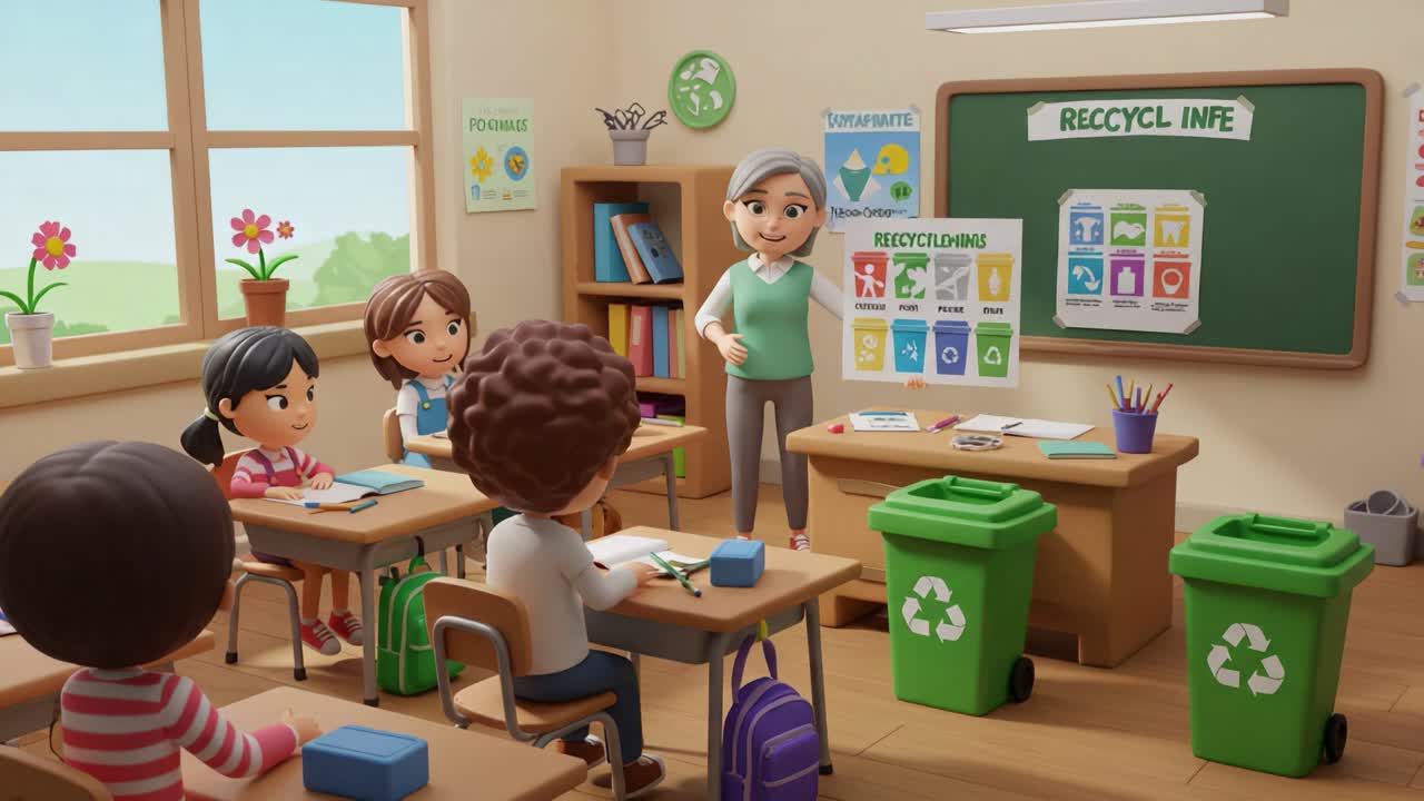 Engaging Classroom Lesson on Recycling: A Teacher Explains Environmental Benefits to Students with Recyclable Materials and Informative Charts