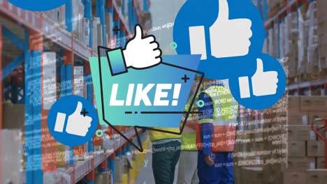 Animation-of-life-and-social-media-reactions-over-diverse-female-and-male-warehouse-workers