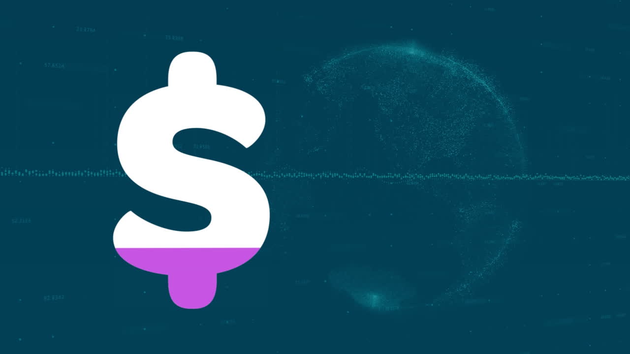 Animation of american dollar sign filling up with pink, globe and financial data processing