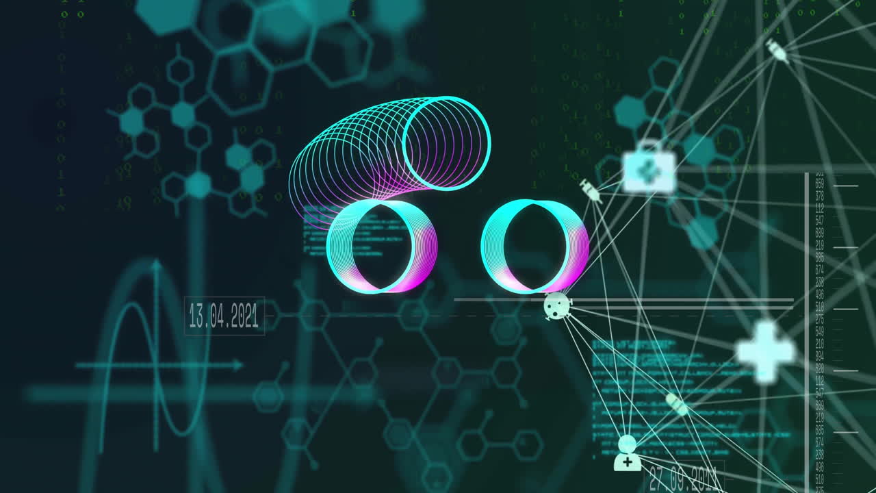 Hexagonal patterns and binary code animation, data processing over scientific background