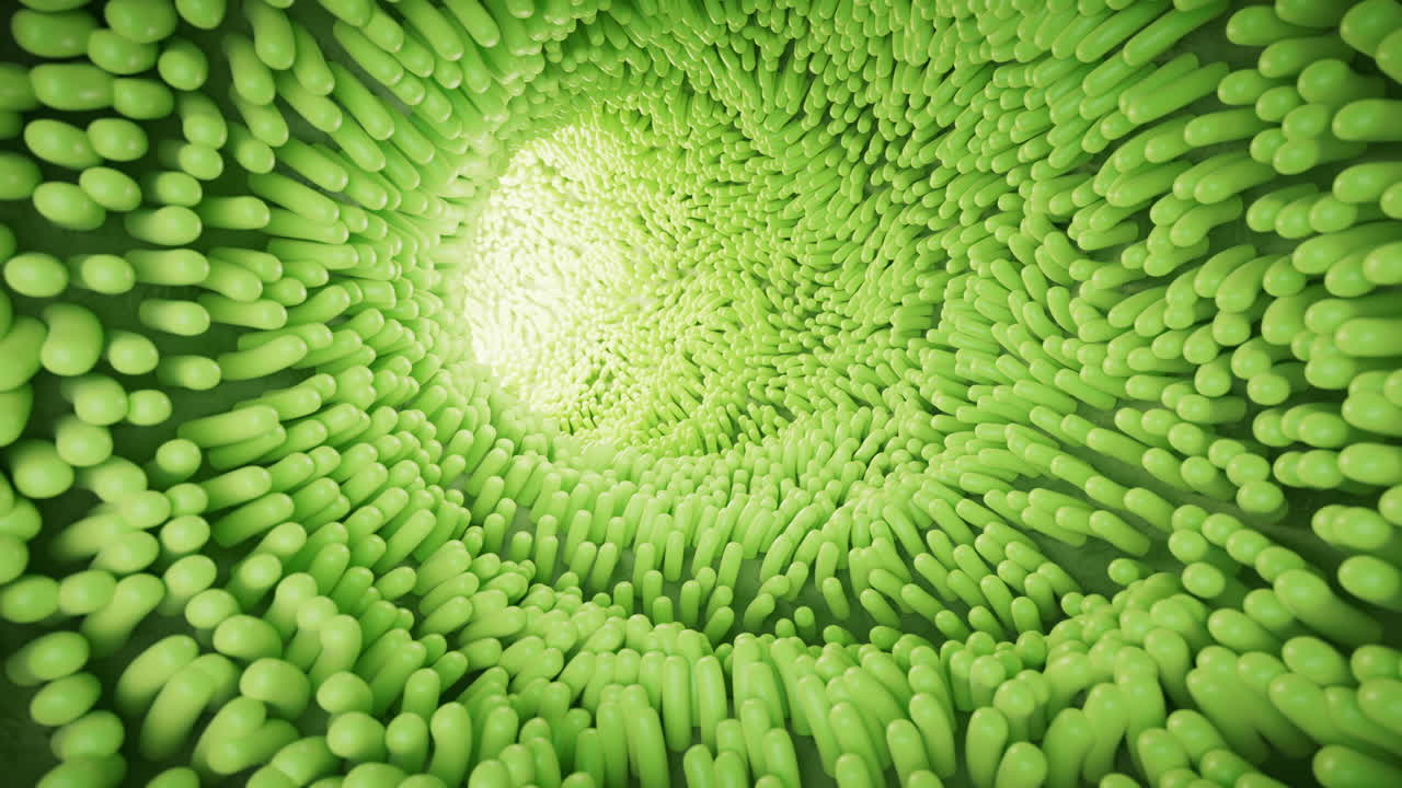 Tunnel rotondo verde astratto con dettagli villosi, rendering 3D
