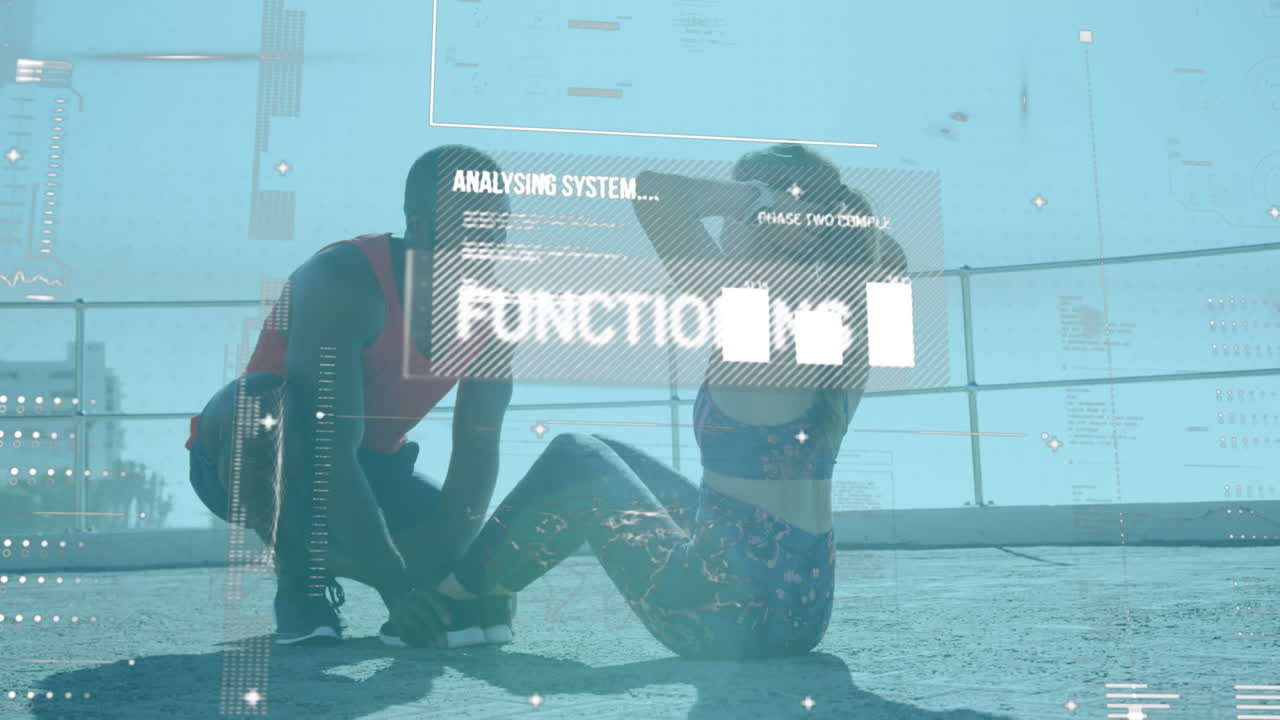 디지털 인터페이스와 데이터 처리 여성이 앉아서 운동을 하는 것에 대해