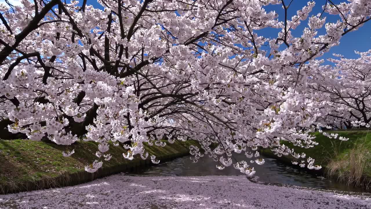 Un video sereno cattura la fioritura completa dei ciliegi, con una visuale dal basso che enfatizza