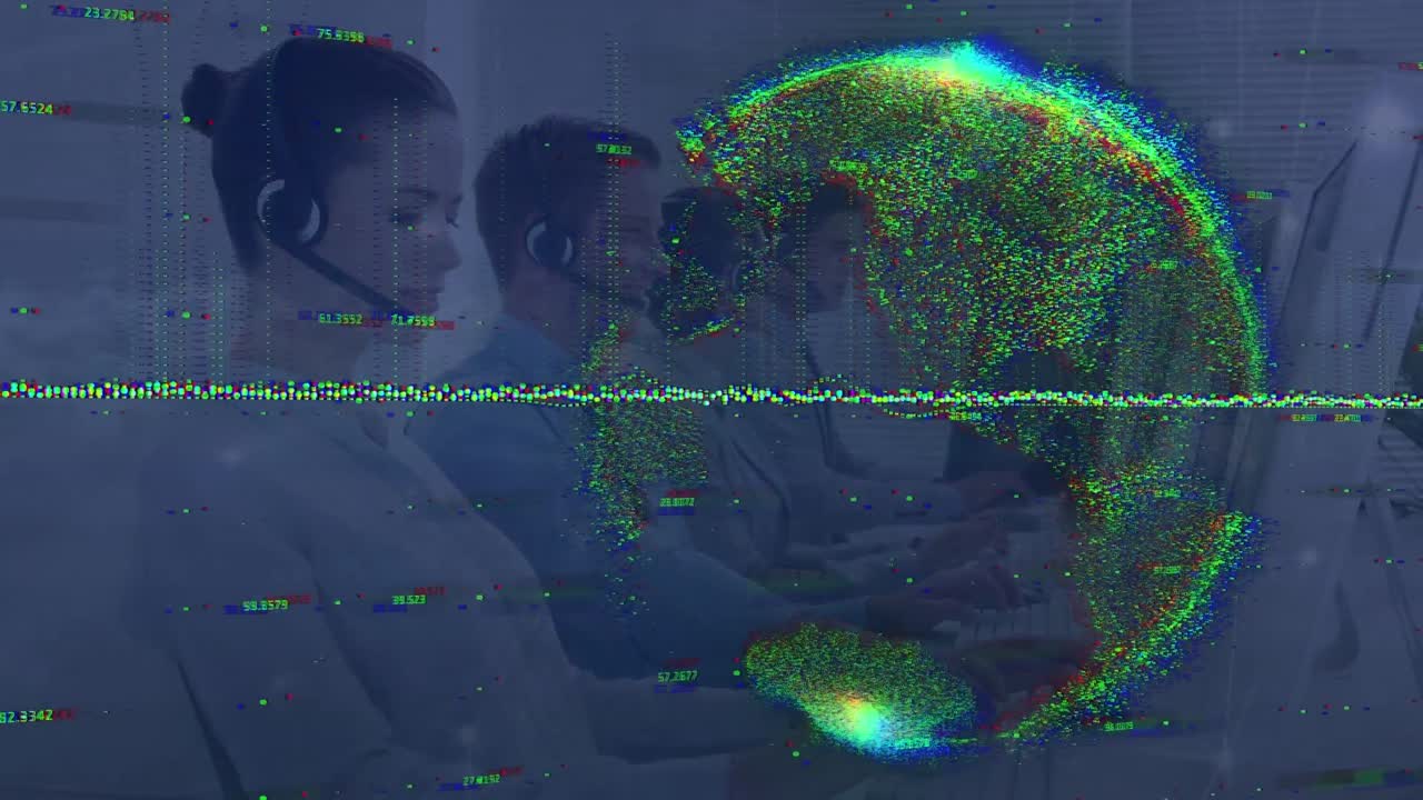 animación del procesamiento de datos y el mundo sobre diversas personas de negocios en la oficina