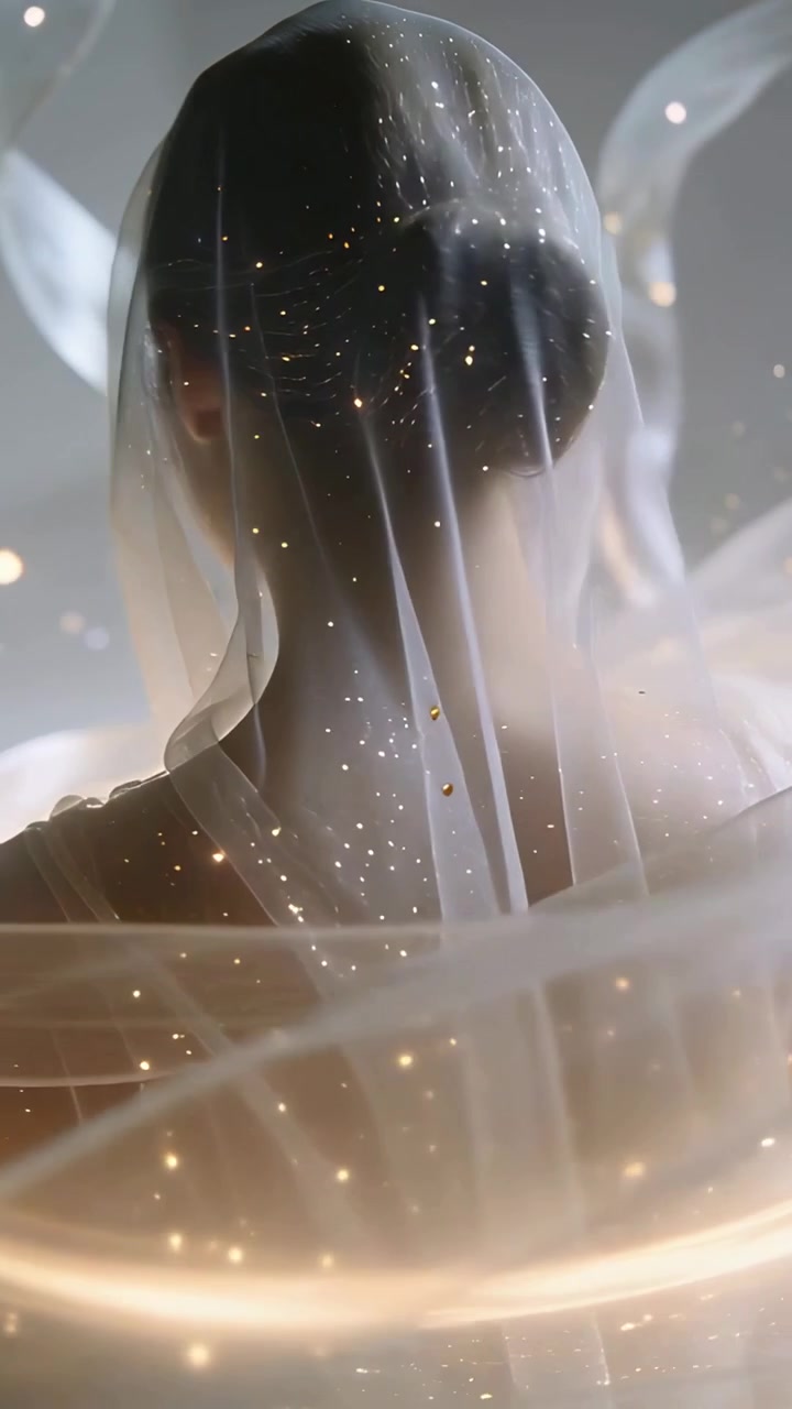 Video verticale: Luce a nastro che si muove, modella che si gira in studio, velo scintillante per mostrare l'abito