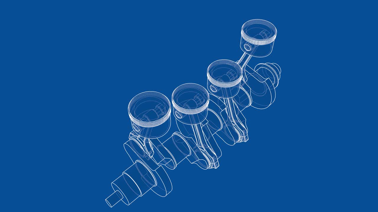 animación del cigüeñal y cuatro pistones. marco de alambre o estilo de plano