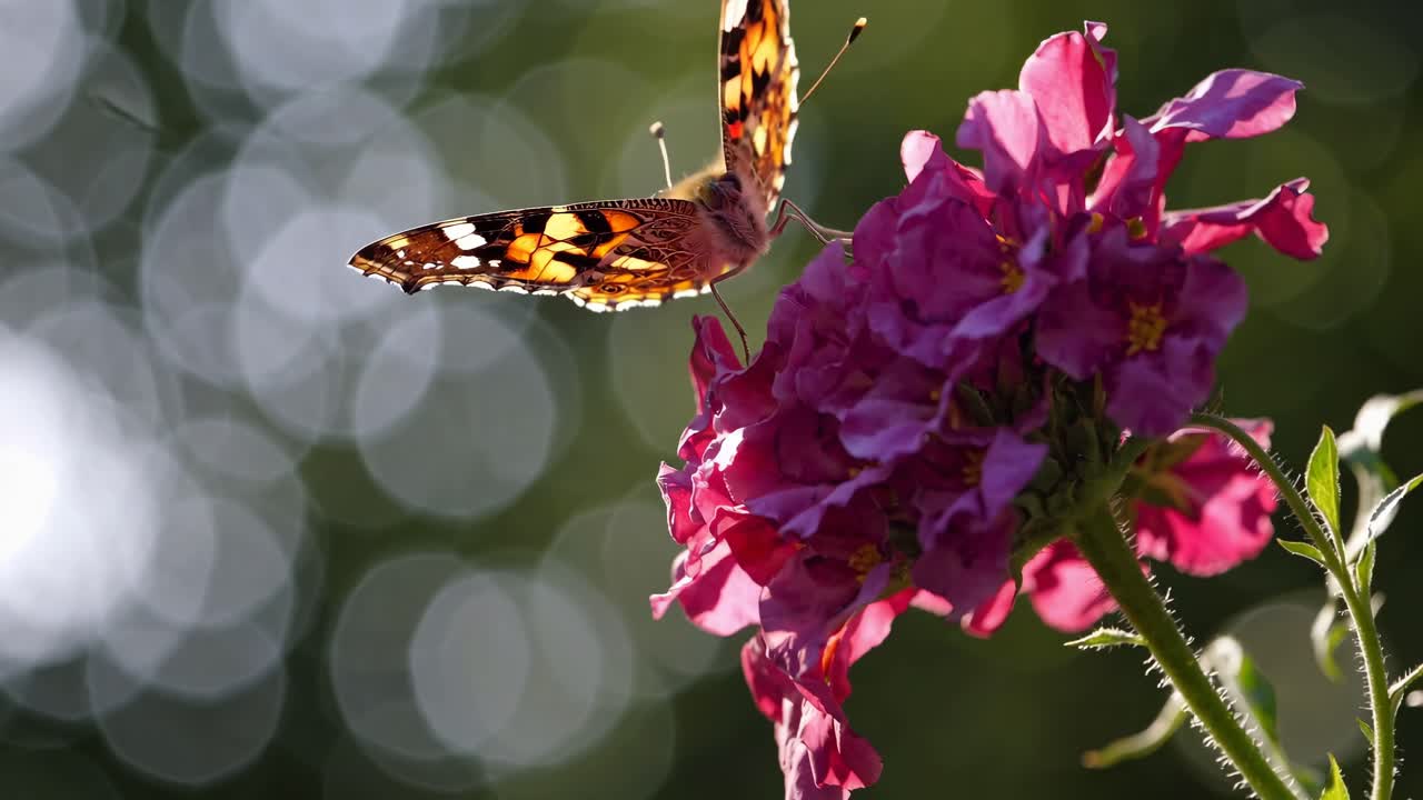 Una serena scena da giardino con fiori vivaci a fuoco morbido, catturata all'altezza degli occhi.