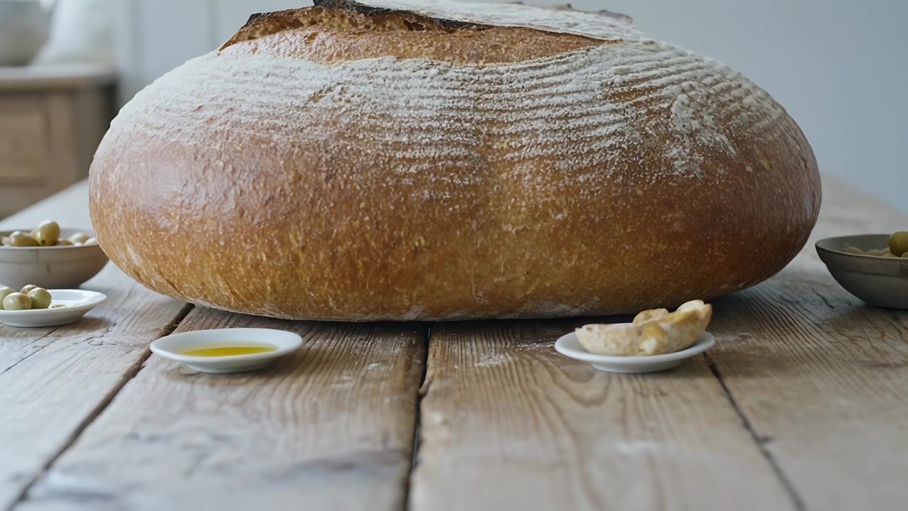 Displaying sourdough loaf sitting on rustic table in bright kitchen, with olive oil and olives