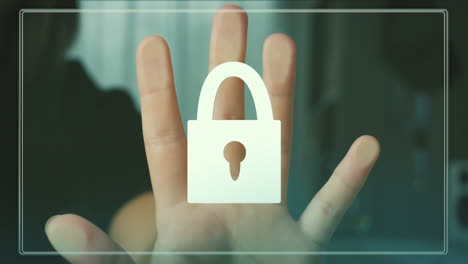 Digitaler-Sicherheitsbildschirm-Mit-Schlosssymbol,-Das-Durch-Biometrischen-Handscan-Entsperrt-Wird