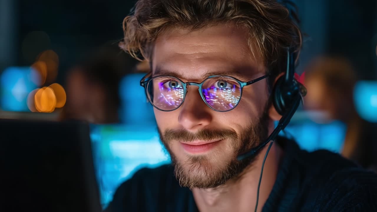 A Young Man with Glasses and a Headset Smiles at the Camera in a Modern and Technology-Infused Environment, Surrounded by Screens with Glowing Data Displays