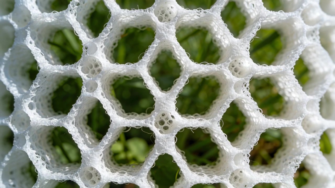 カメラが移動すると、白い多孔質の六角形格子が芝生の上を漂い、水滴や細い糸のようなものが現れる。