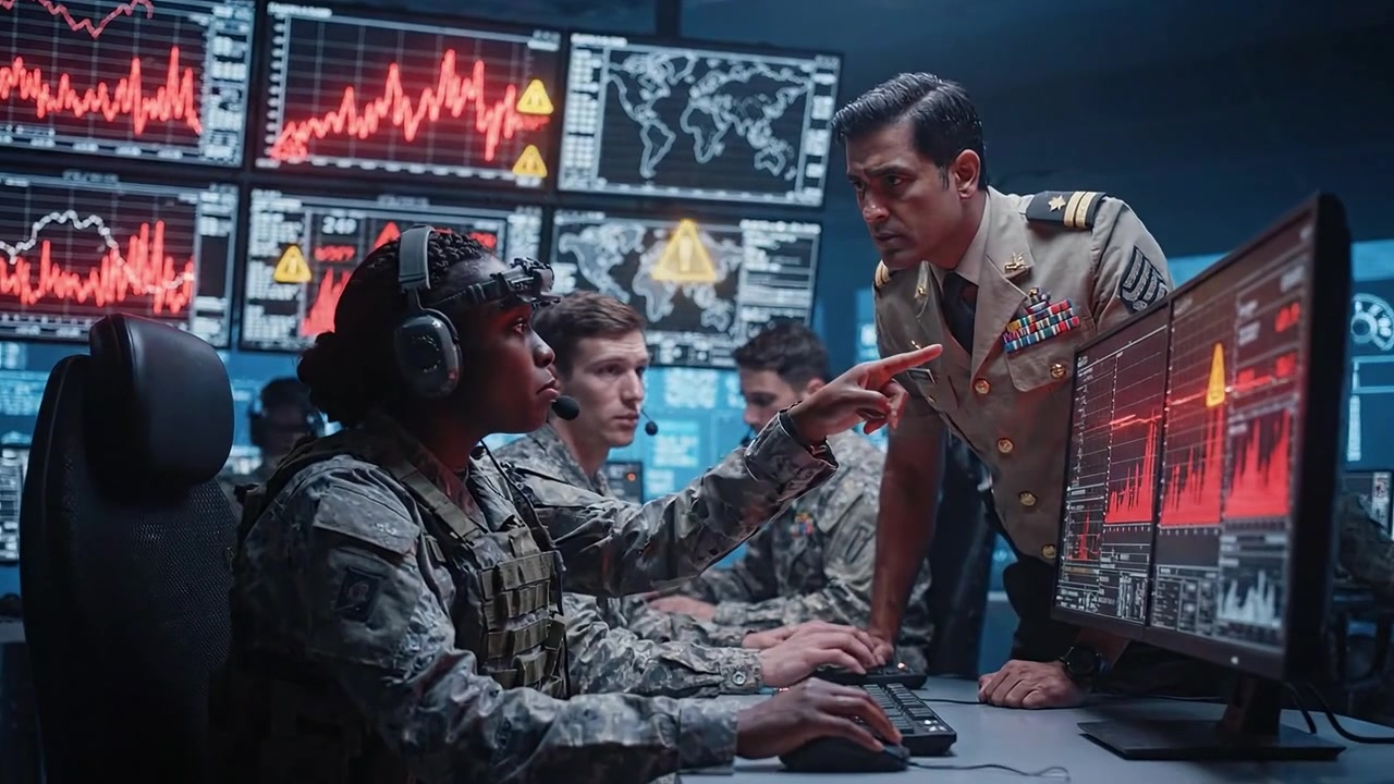 Military personnel engaged in strategic operations analysis at a high-tech command center, monitoring critical data and communication for effective decision-making.