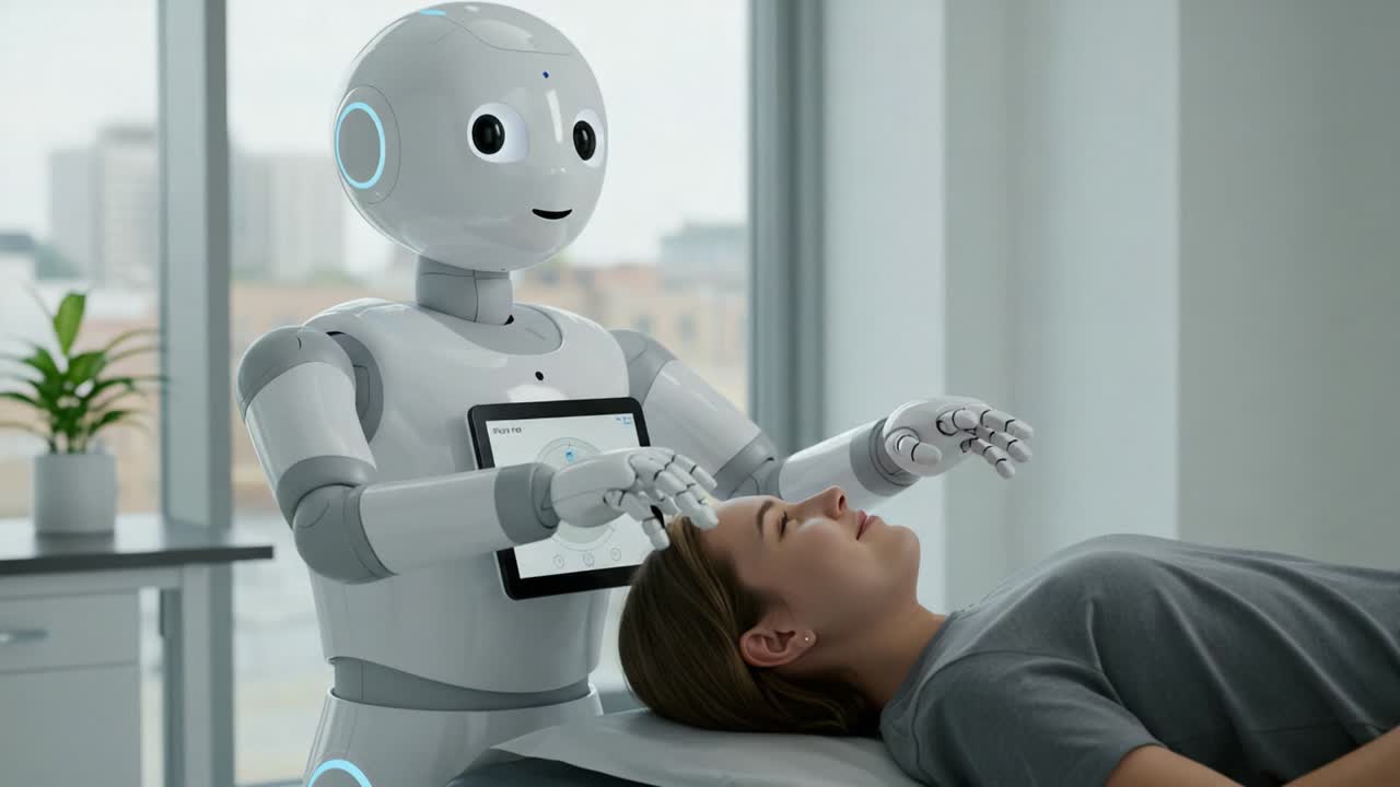 A Cutting-Edge Robot Assists in Relaxation Therapy for Individuals, Showcasing Technological Innovation in Healthcare and Personal Well-Being Treatments