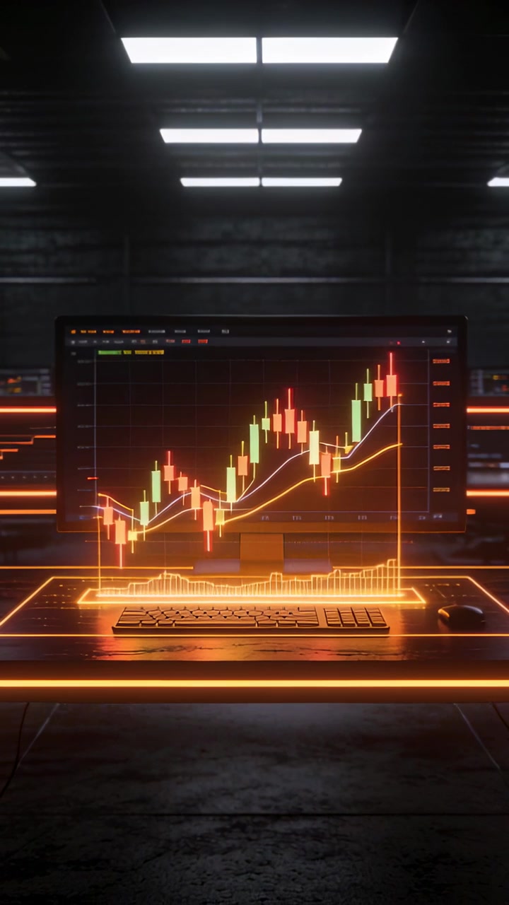 Vertical video: Updating market feed, monitor showing candlestick chart climbing on desk, neon grid