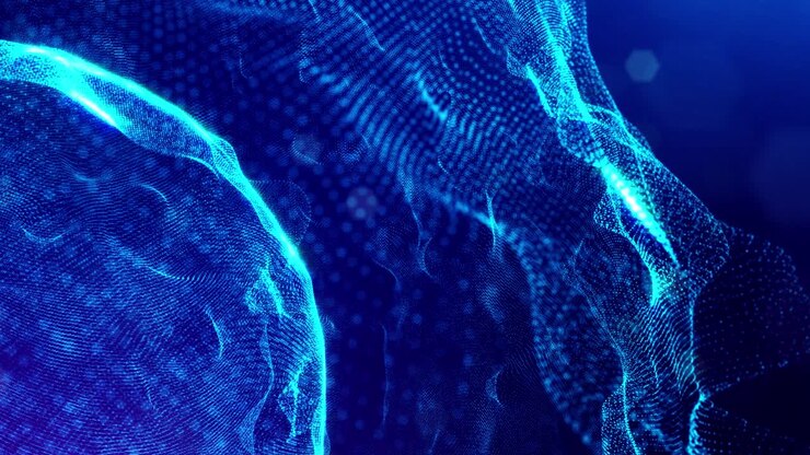 Sfondo sci-fi 3D in loop, spazio digitale con sfere olografiche. Campo blu ad alta tecnologia con particelle luminose che formano linee e onde su una superficie sferica. Profondità di campo.