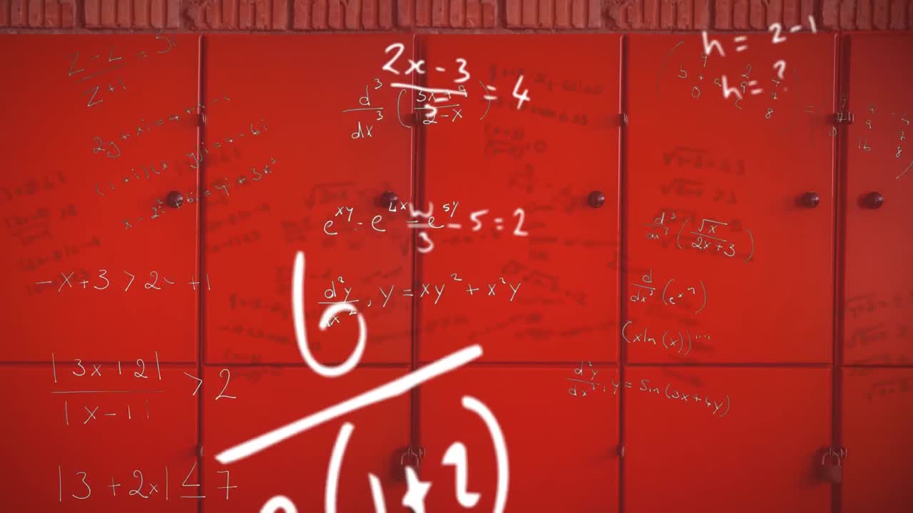 ecuaciones matemáticas flotando contra los armarios rojos de la escuela