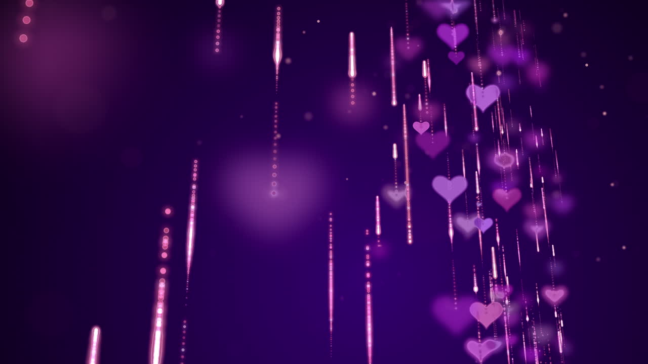 Blurred love heart symbols falling down with glitter particles. Animated wedding purple background. Valentines Day.