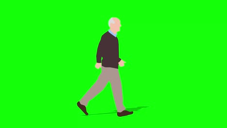 walking senior person cartoon animation. loop animation ( 4k video ).  green background for background transparent use.