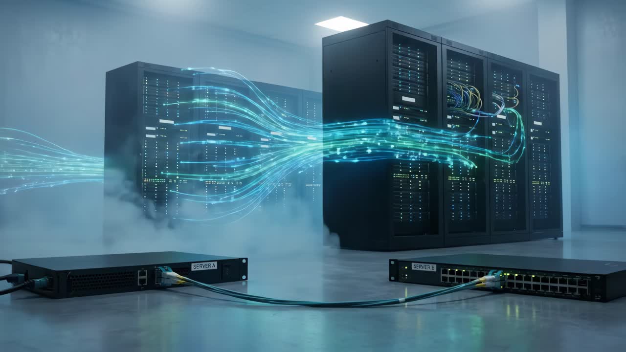 Glowing Data Flowing Through Network Cables in Server Room