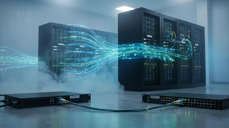 Glowing Data Flowing Through Network Cables in Server Room