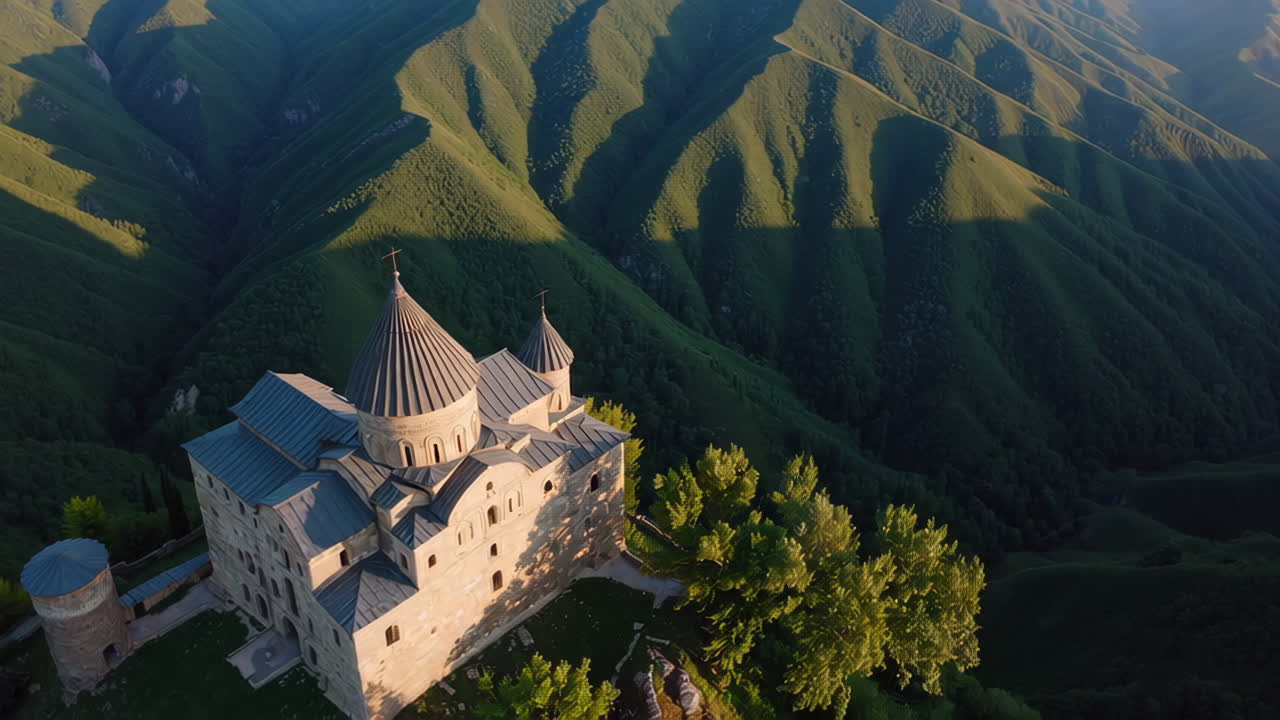 Aerial View of a Monastery in the Mountains