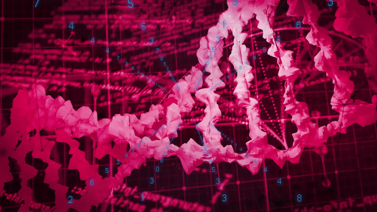 dna 스트랜드 및 숫자 데이터 분석 애니메이션 - 빨간색 격자 배경