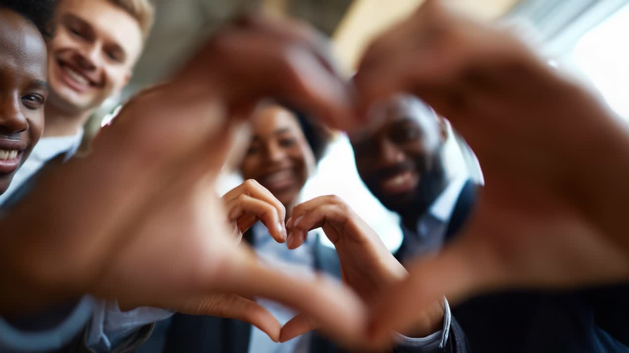 A joyful group of friends coming together to celebrate unity and connection, forming heart shapes with their hands against a vibrant background, radiating positivity and warmth