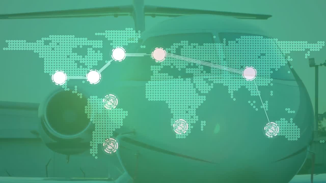 공항 활주로에 있는 개인 제트기에 대한 세계 지도 위의 점을 연결하는 것