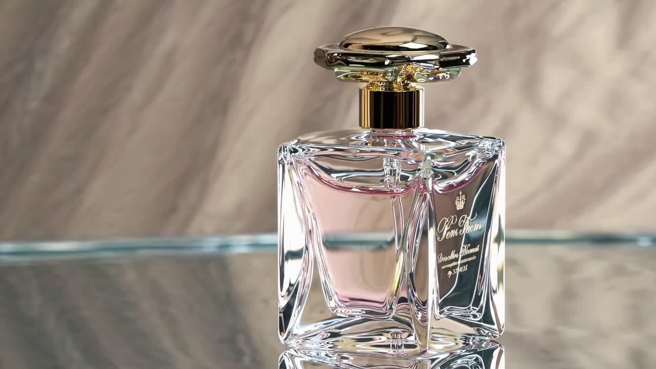 Elegante flacone di profumo su superficie riflettente, fotografato ad altezza occhi