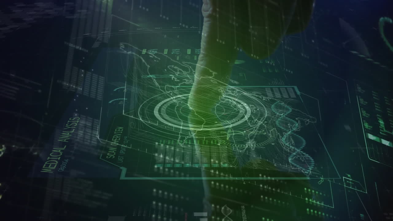 Male operator pressing holographic medical UI, showing scanning rings, world map and data readouts