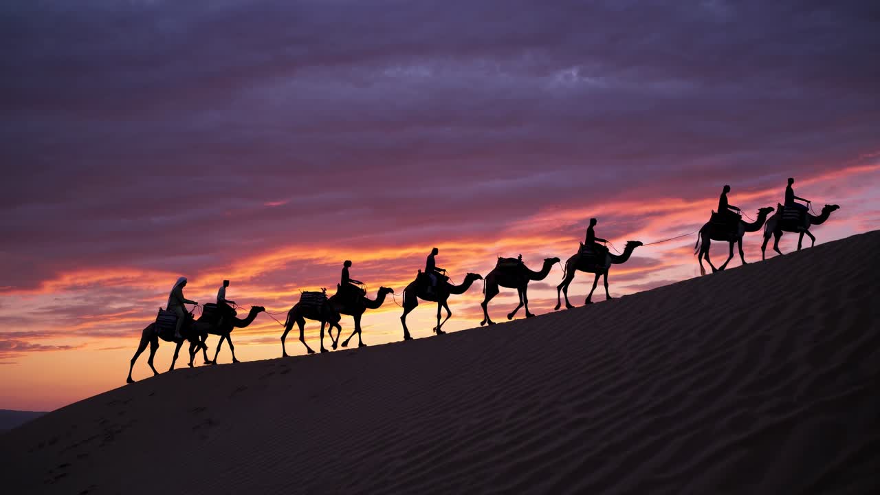 The video captures a serene desert caravan silhouetted against a vibrant sunset