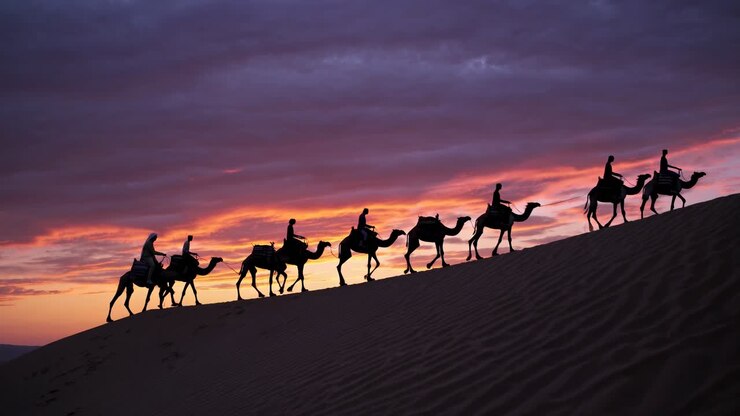 The video captures a serene desert caravan silhouetted against a vibrant sunset