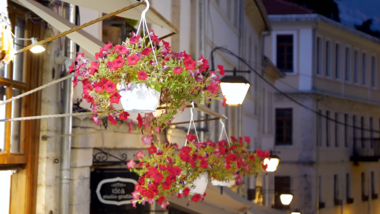Pots with flowers hanging in the attic of a building in the Albanian town of Gjirokast&euml;r