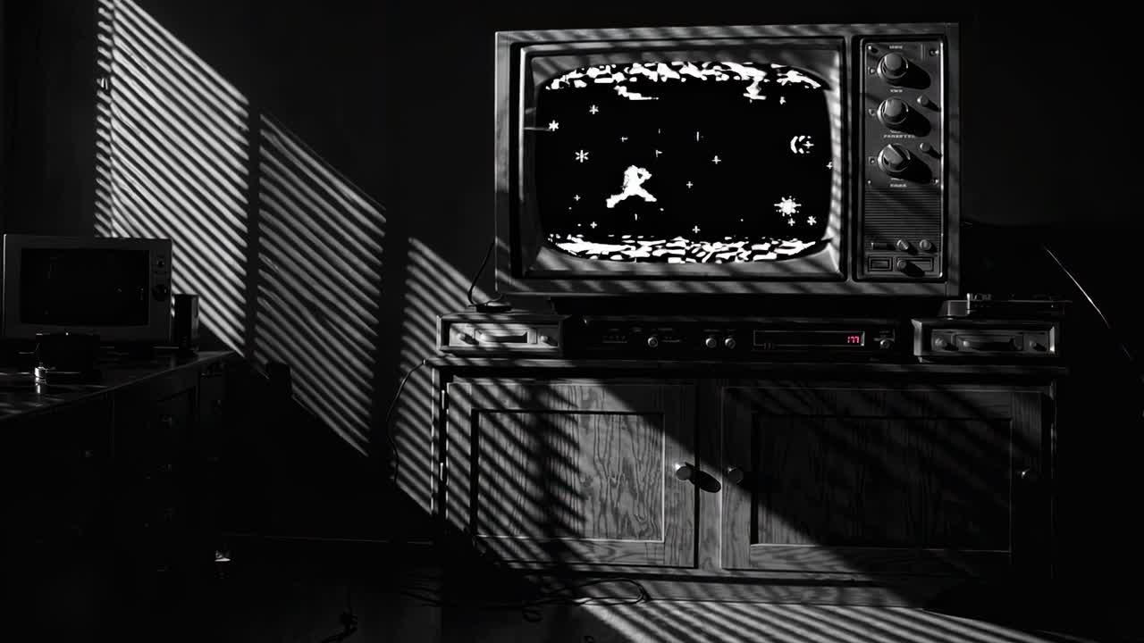 빛은 창문의 장막을 통해 흘러내려 동적 그림자를 던지며 빈티지 텔레비전이 단순하고 픽셀화 된 아케이드 게임을 모노크롬으로 표시하는 방을 가로질러 던집니다.