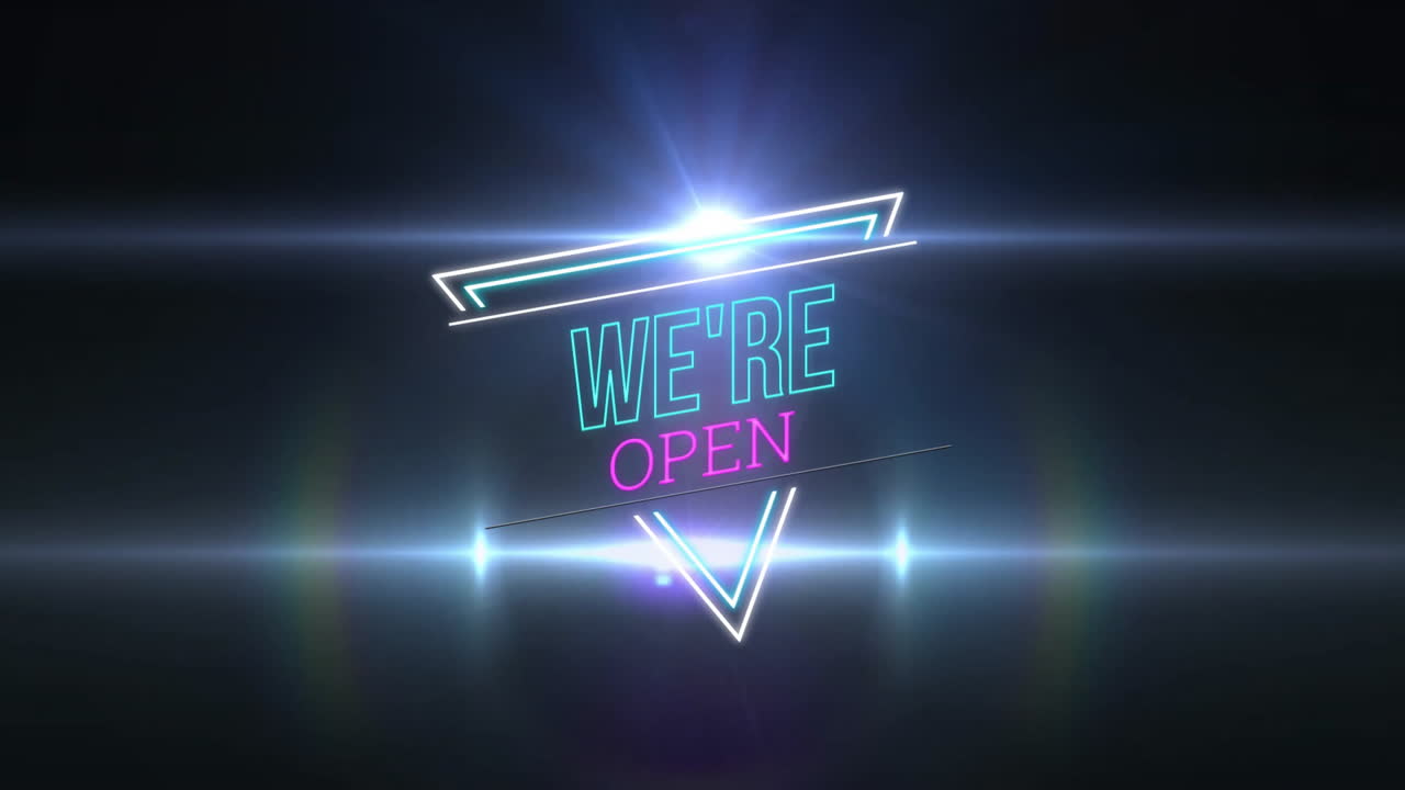 animación de neón estamos abiertos texto sobre manchas brillantes