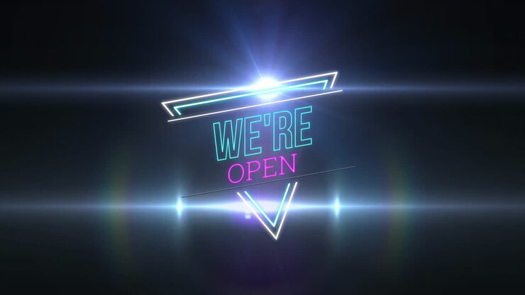 Animatie van neon 'wij zijn open' tekst over gloeiende lichtpunten