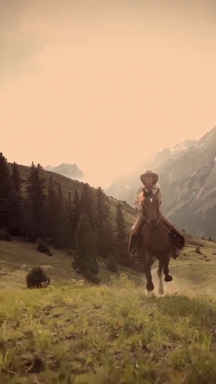 Vídeo em ângulo baixo de um cowboy cavalgando por montanhas cênicas, capturando uma vibração western vintage.