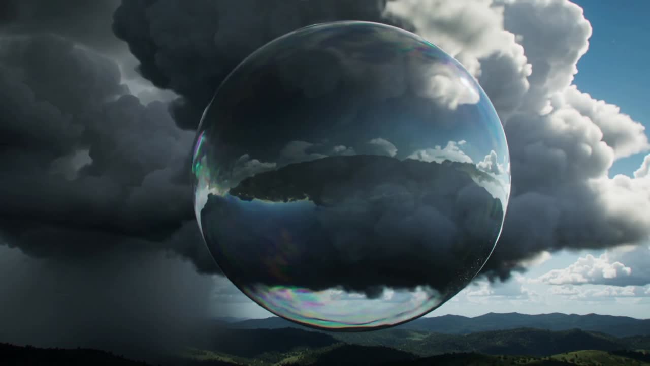 Drivende klar kugle vokser mod kameraet over bjergrygge, reflekterer storm, sollys gør kuglen hvid.