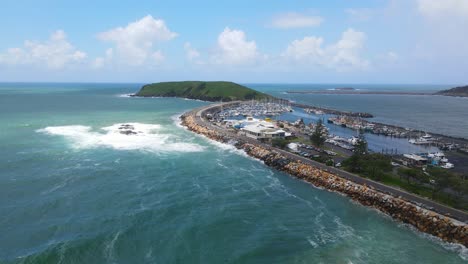 Boats-Dock-At-Coffs-Harbour-International-Marina-In-Solitary-Islands-Marine-Park---Muttonbird-Island-Nature-Reserve-In-Coffs-Harbour,-NSW,-Australia