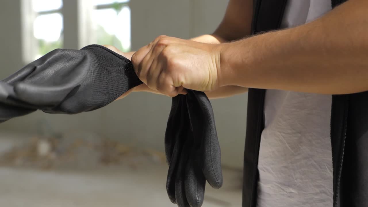 video en cámara lenta de un trabajador de la construcción poniéndose los guantes