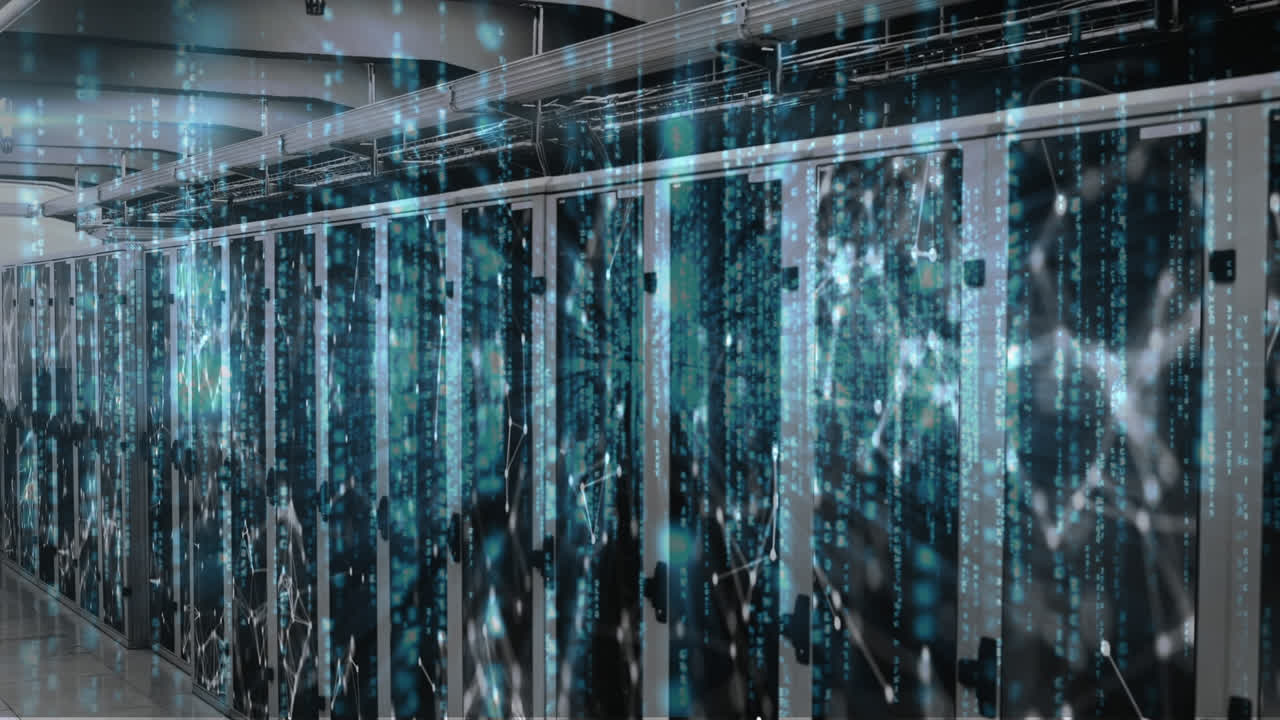 Animation of data processing and network of connections against computer server room