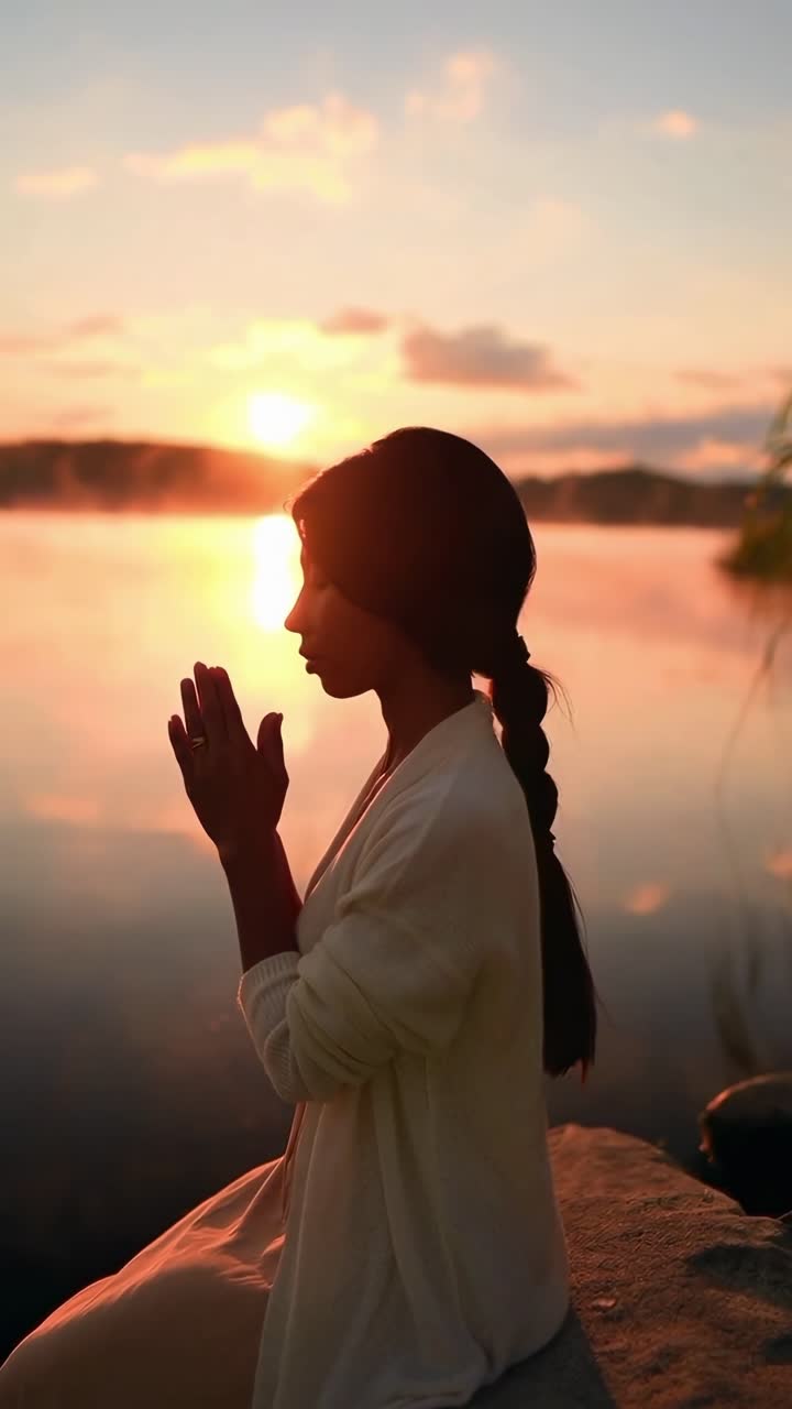 Fredfullt videokonsept av en kvinne som mediterer ved en innsjø ved solnedgang, fanget i profil
