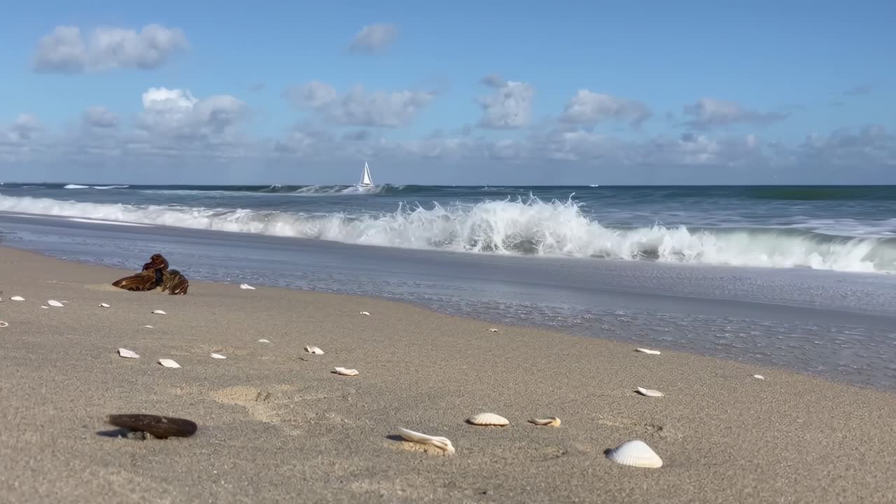 Wideo z niskiej perspektywy spokojnej plaży z muszlami, falami i odległą żaglówką pod błękitnym niebem.