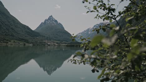 -Reveal-of-majestic-lake-Bergheimsvatnet-and-mountains-in-Norway,-foliage-in-foreground