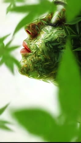 nature portrait with foliage. a creative representation merges a woman's profile with green leaves, symbolizing harmony between humans and nature.